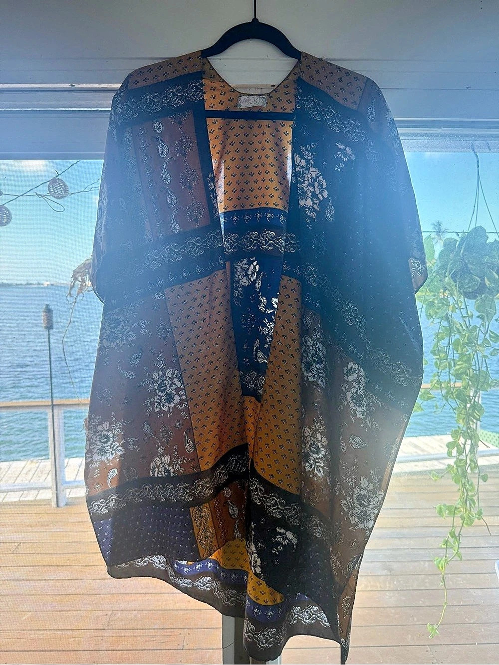 Free People Batik Patchwork Kimono Tunic in Brown & Black
